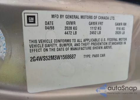 1998 Buick Century Custom z USA, uszkodzony, nr VIN 2G4WS52M3W1568687